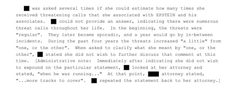 An extract from the Epstein files where a woman told FBI investigators that she received "numerous threat calls throughout her life" after she allegedly was sexually abused by Jeffrey Epstein and Donald Trump.