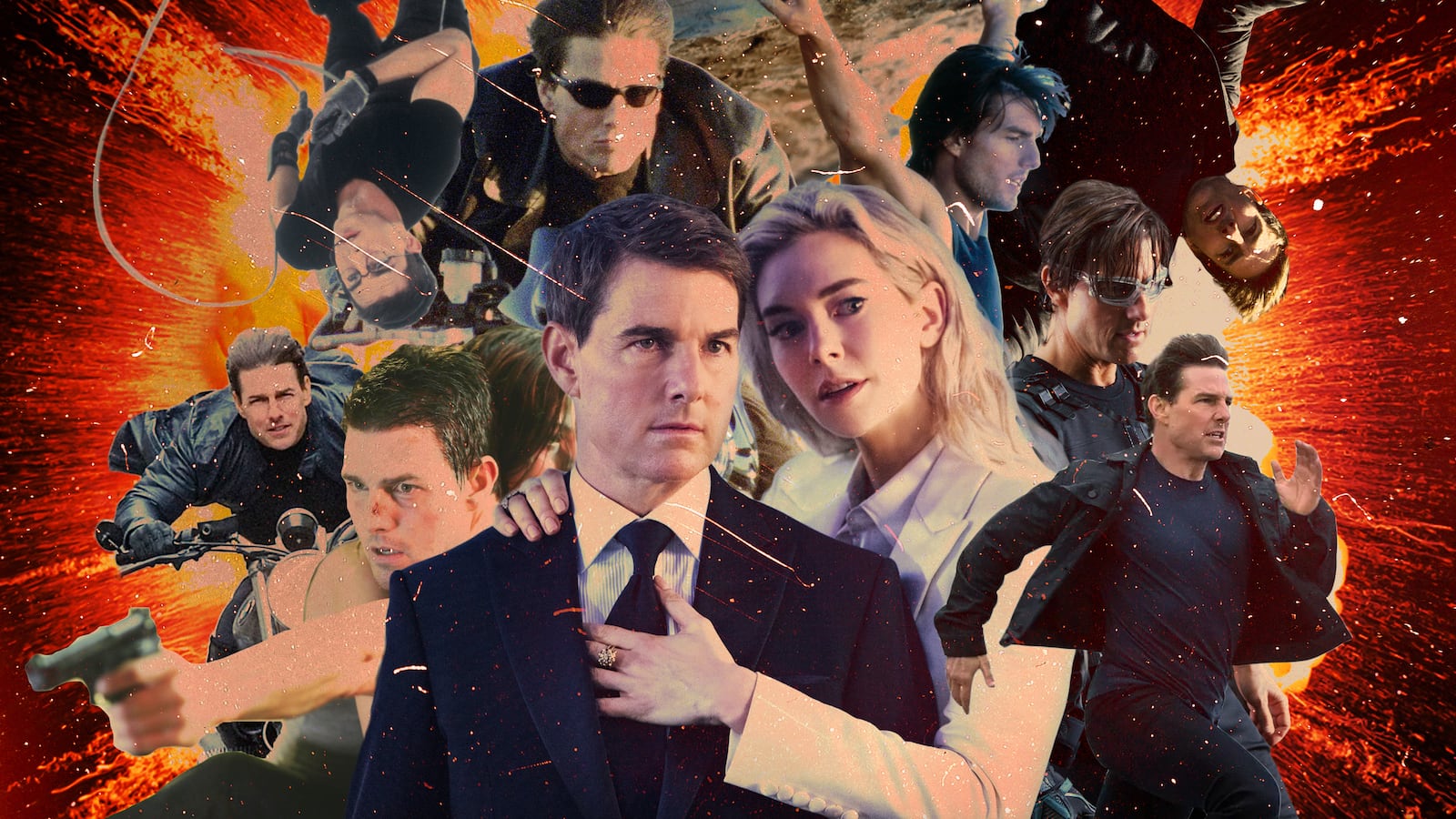 A photo composite of Tom Cruise from the Mission: Impossible film series.