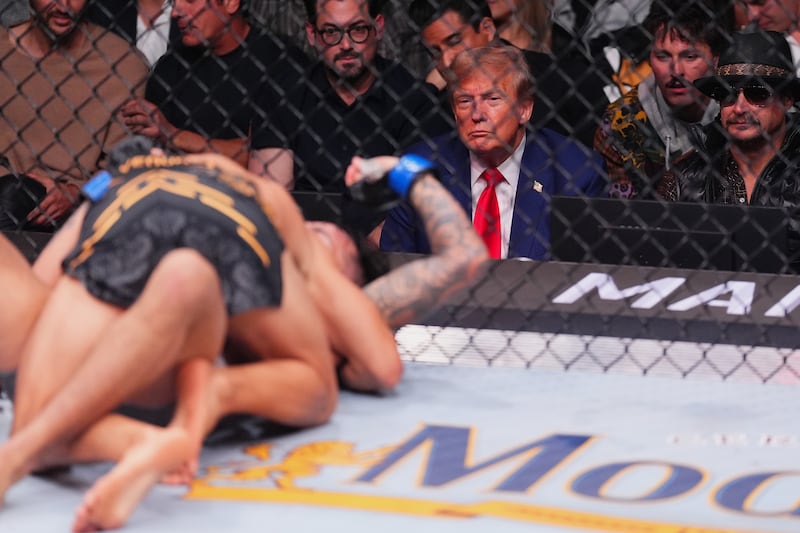 Former United States president Donald Trump and Kid Rock attend the UFC 296 event at T-Mobile Arena on December 16, 2023 in Las Vegas, Nevada.