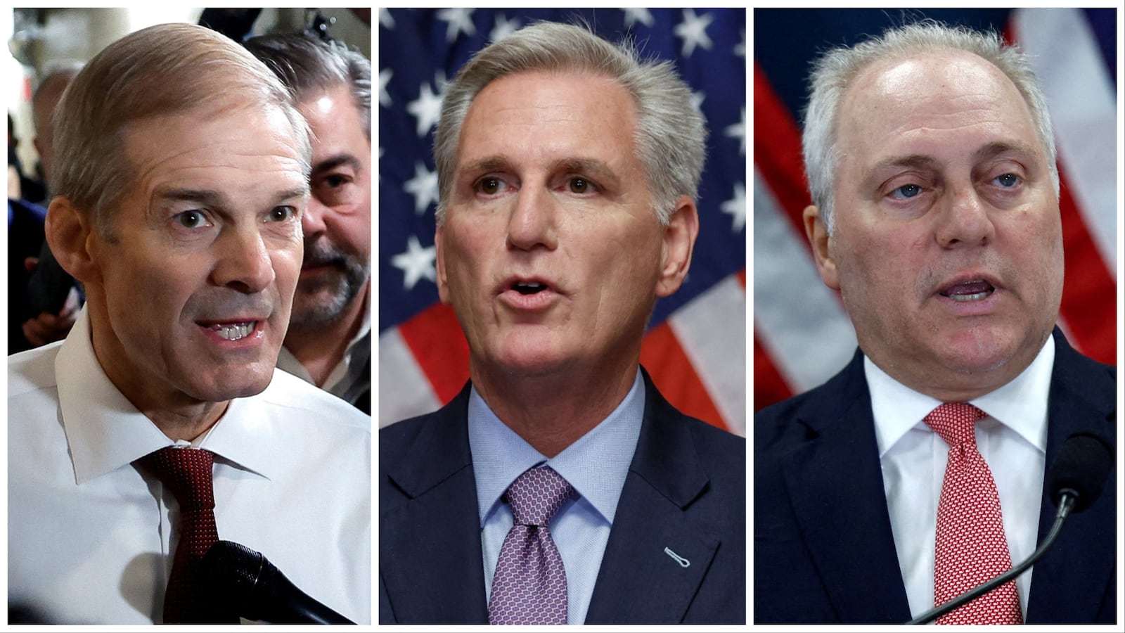 A composite image of Reps. Jim Jordan, Kevin McCarthy and Steve Scalise.