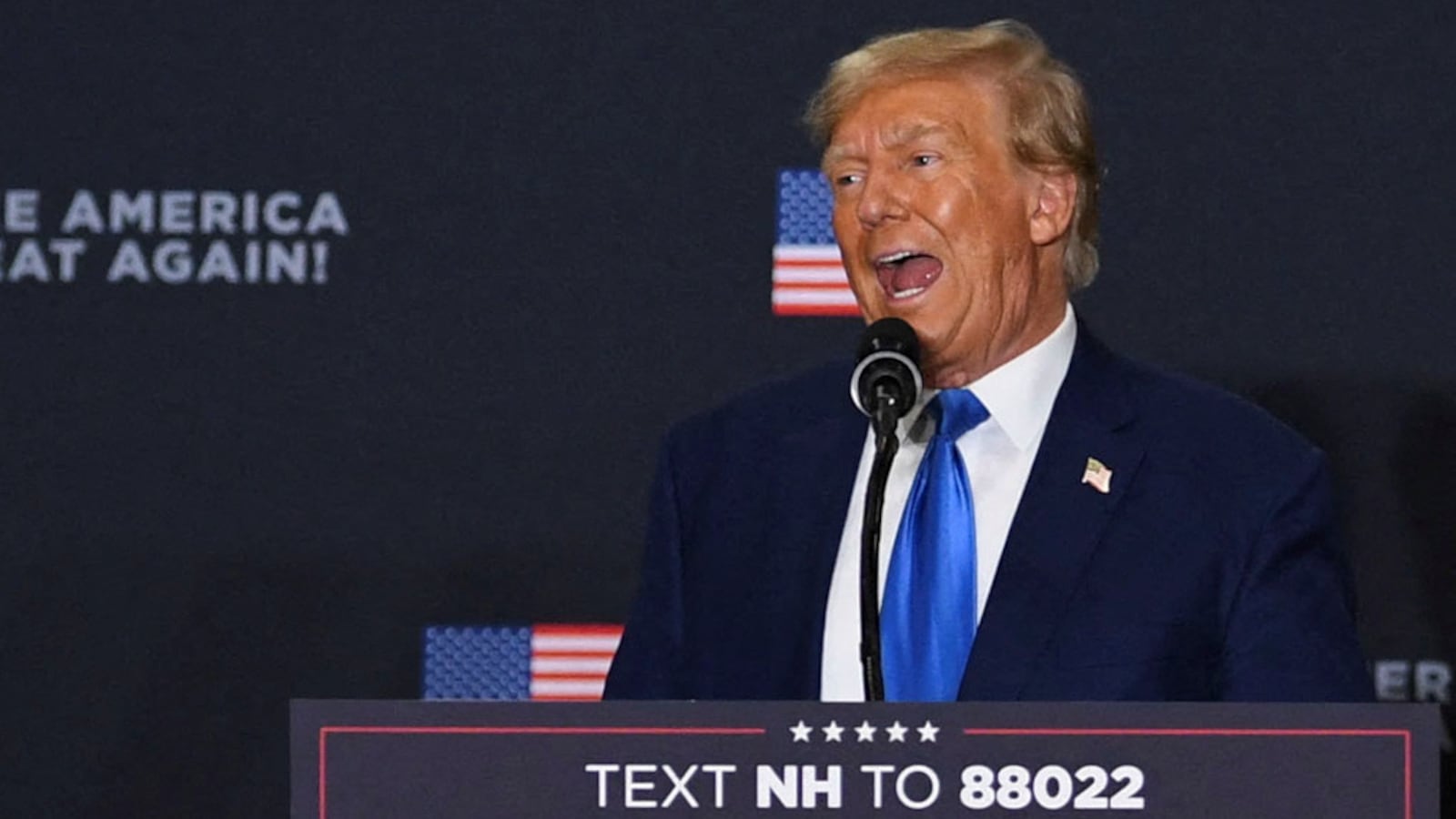 former U.S. President Donald Trump speaks at a campaign rally in Derry, New Hampshire