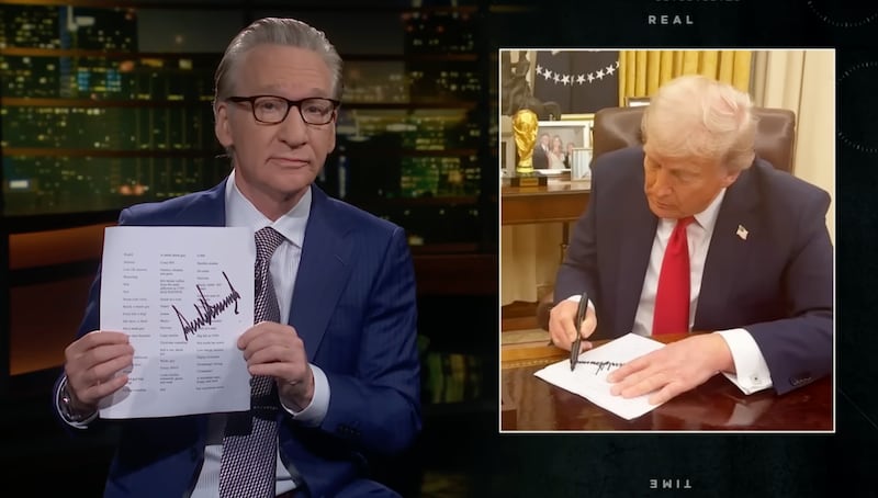 Bill Maher shows the list of insults he got Donald Trump to sign.