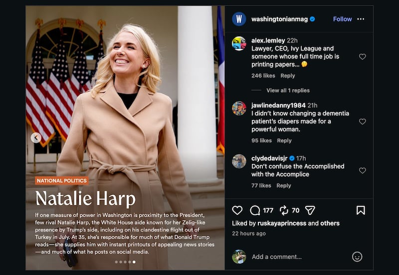 The post’s comment section was flooded with criticism over including Natalie Harp.