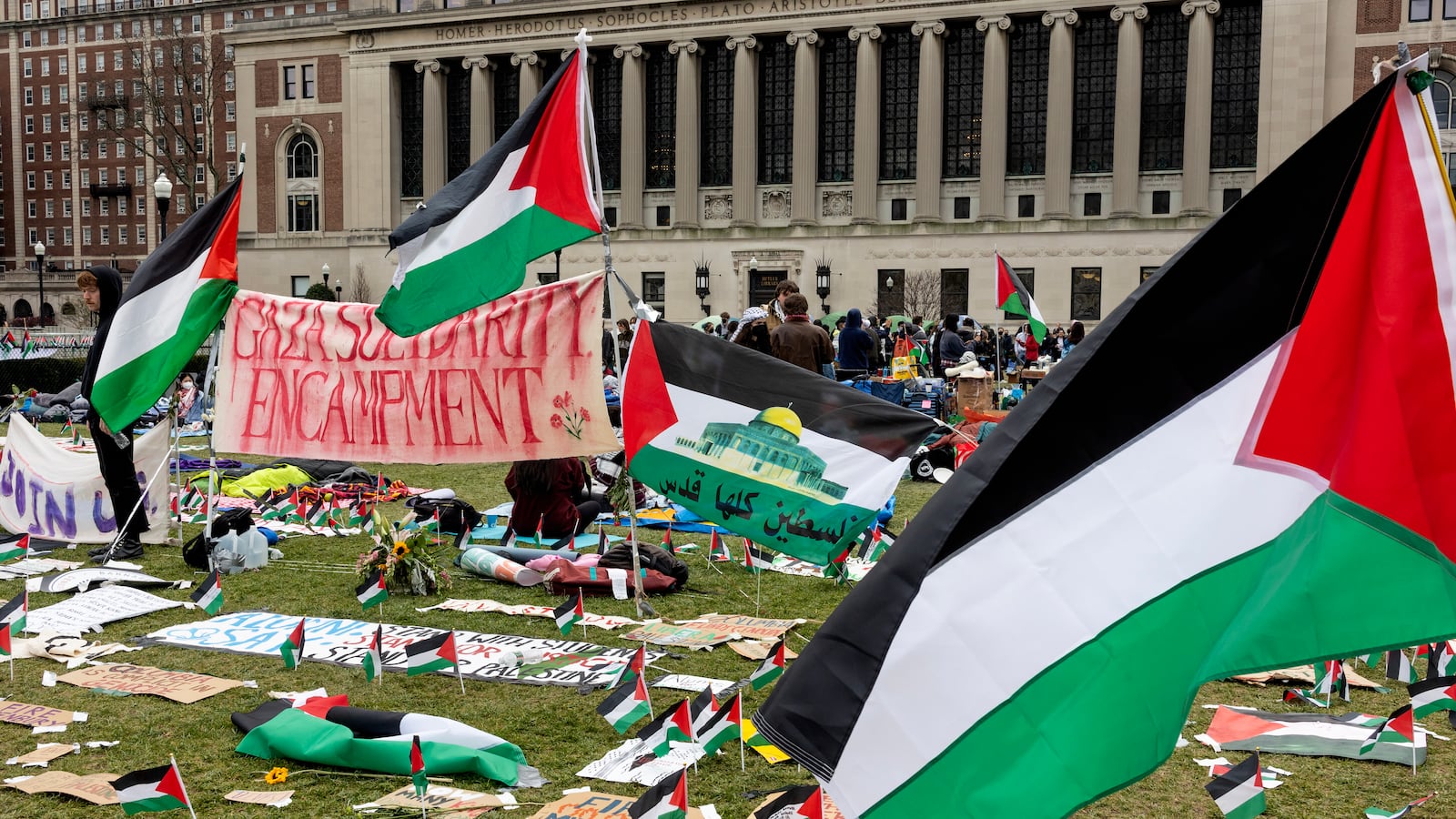 For the fifth day, pro-Palestinian students occupy a central lawn on the Columbia University campus, on April 21, 2024 in New York City.