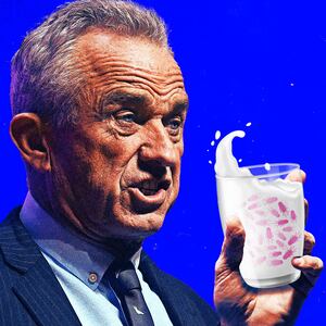 A photo illustration of RFK Jr. drinking a glass of milk.