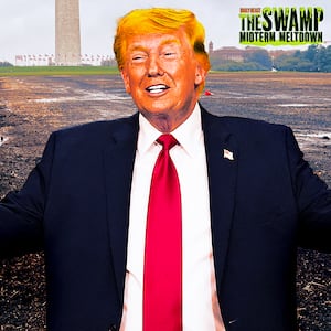 A photo illustration of Donald Trump and the dead grass in front of the Washington Monument in D.C. for The Swamp.