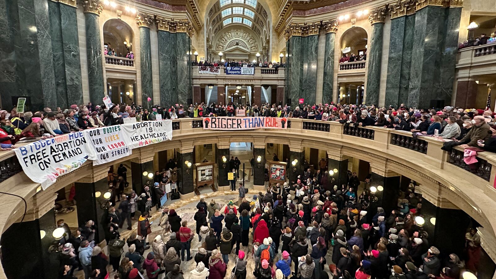Pro-abortion demonstrators gather at the Wisconsin State Capitol