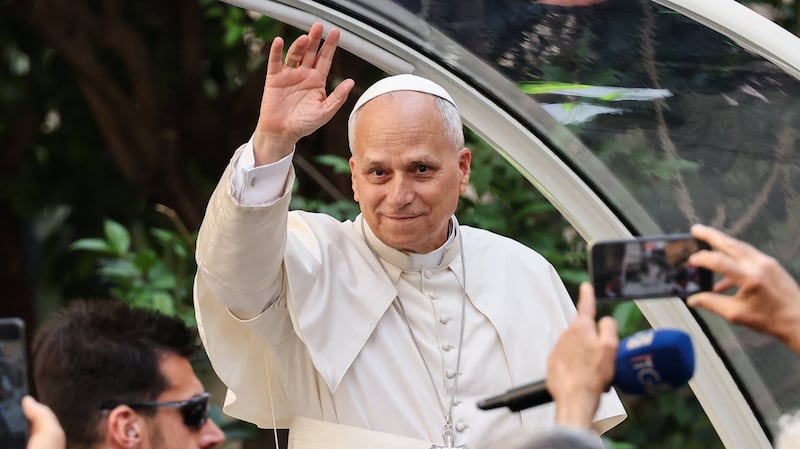 Pope Leo XIV travels in Popemobile after leaving the Naples Cathedral, following the meeting with members of the clergy on the day of the first anniversary of his election, in Naples, Italy, May 8, 2026.