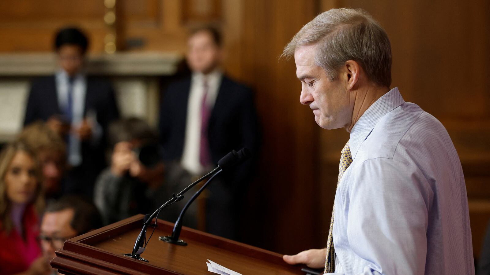 Rep. Jim Jordan (R-OH) begins an early morning press conference about his continuing bid to become the next Speaker of the House