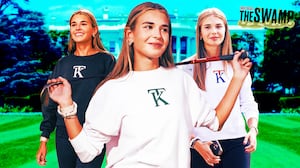 A photo illustration of Kai Trump wearing her new merchandise line front of the White House.