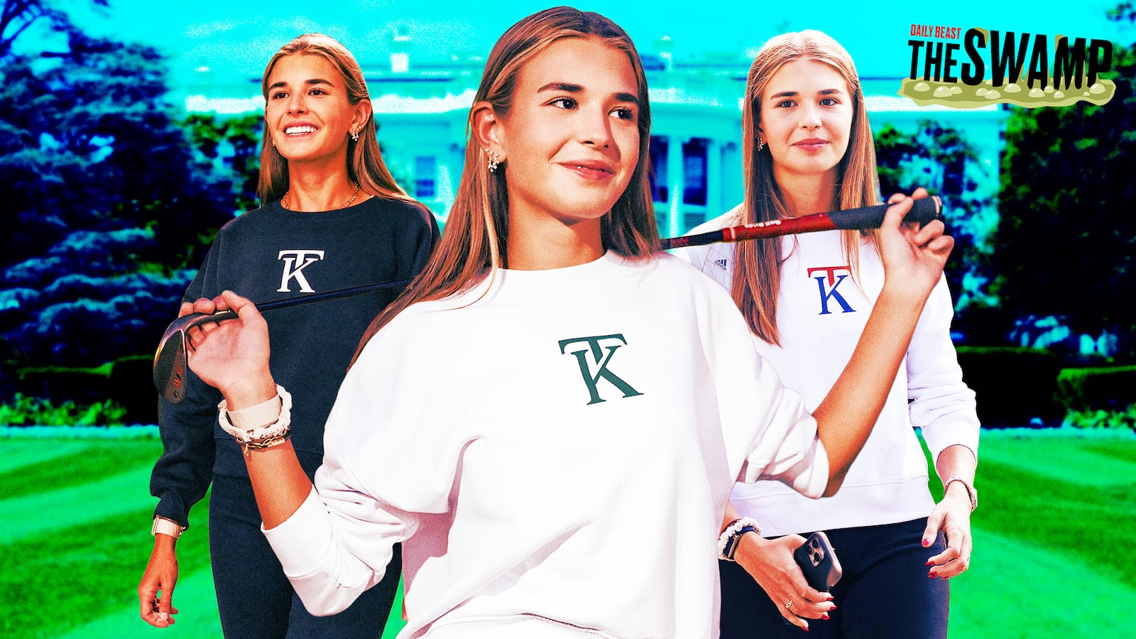 A photo illustration of Kai Trump wearing her new merchandise line front of the White House.