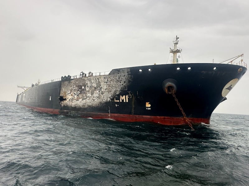 Damage to the Kuwait-flagged Al-Salmi crude oil tanker, following a reported strike, amid the U.S.-Israeli conflict with Iran, March 31, 2026.   Kuwait Petroleum Corporation/Handout via REUTERS    THIS IMAGE HAS BEEN SUPPLIED BY A THIRD PARTY. MANDATORY CREDIT.  VERIFICATION: Identity of the vessel confirmed as Al Salmi by deck shape, paint and rigging, which matched file imagery  Date verified by statement from Kuwait Petroleum Corp on March 31 that the tanker Al Salmi was struck by an alleged Iranian attack at a Dubai port  Authorities in Dubai said they had brought the fire under control following a drone attack on the tanker Ship tracking data puts the vessel off the coast of the UAE on March 31 (25.500306, 54.873962)      TPX IMAGES OF THE DAY