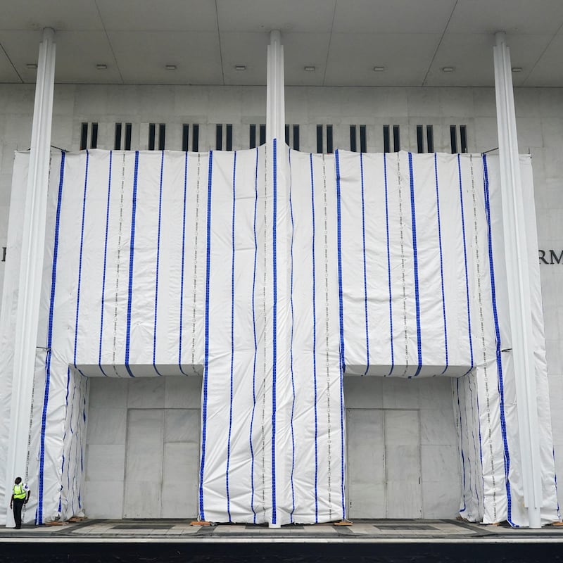A tarp covers the facade of the John F. Kennedy Memorial Center for the Performing Arts, following a federal judge’s order to remove U.S. President Donald Trump's name from the institution.