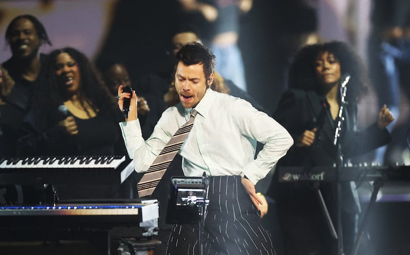 Harry Styles performs during the BRIT Awards at the Co-op Live Arena, in Manchester, Britain, February 28, 2026.