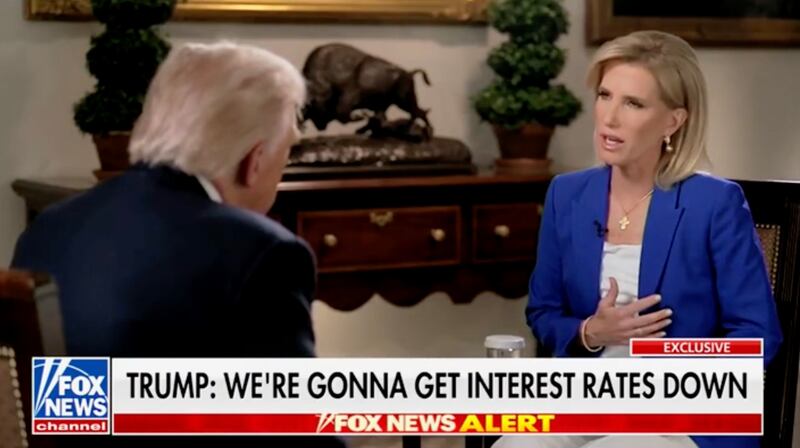 Laura Ingraham interviews Donald Trump on Fox News.
