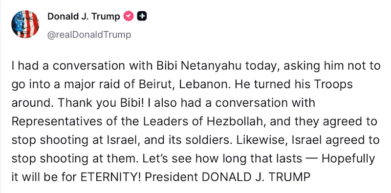 Donald Trump posts about his conversation with Netanyahu on Truth Social.