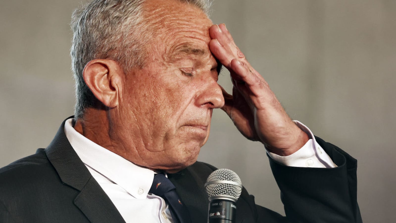 Independent presidential candidate Robert F. Kennedy Jr. pauses while he speaks at a Cesar Chavez Day event at Union Station in Los Angeles.