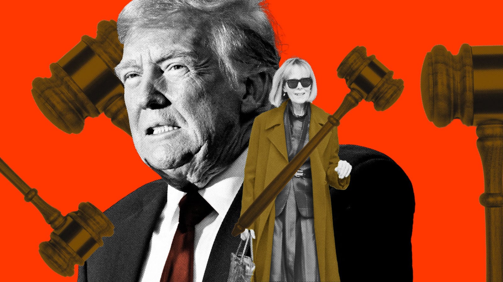 A photo illustration of Donald Trump and E Jean Carroll with gavels surrounding them.