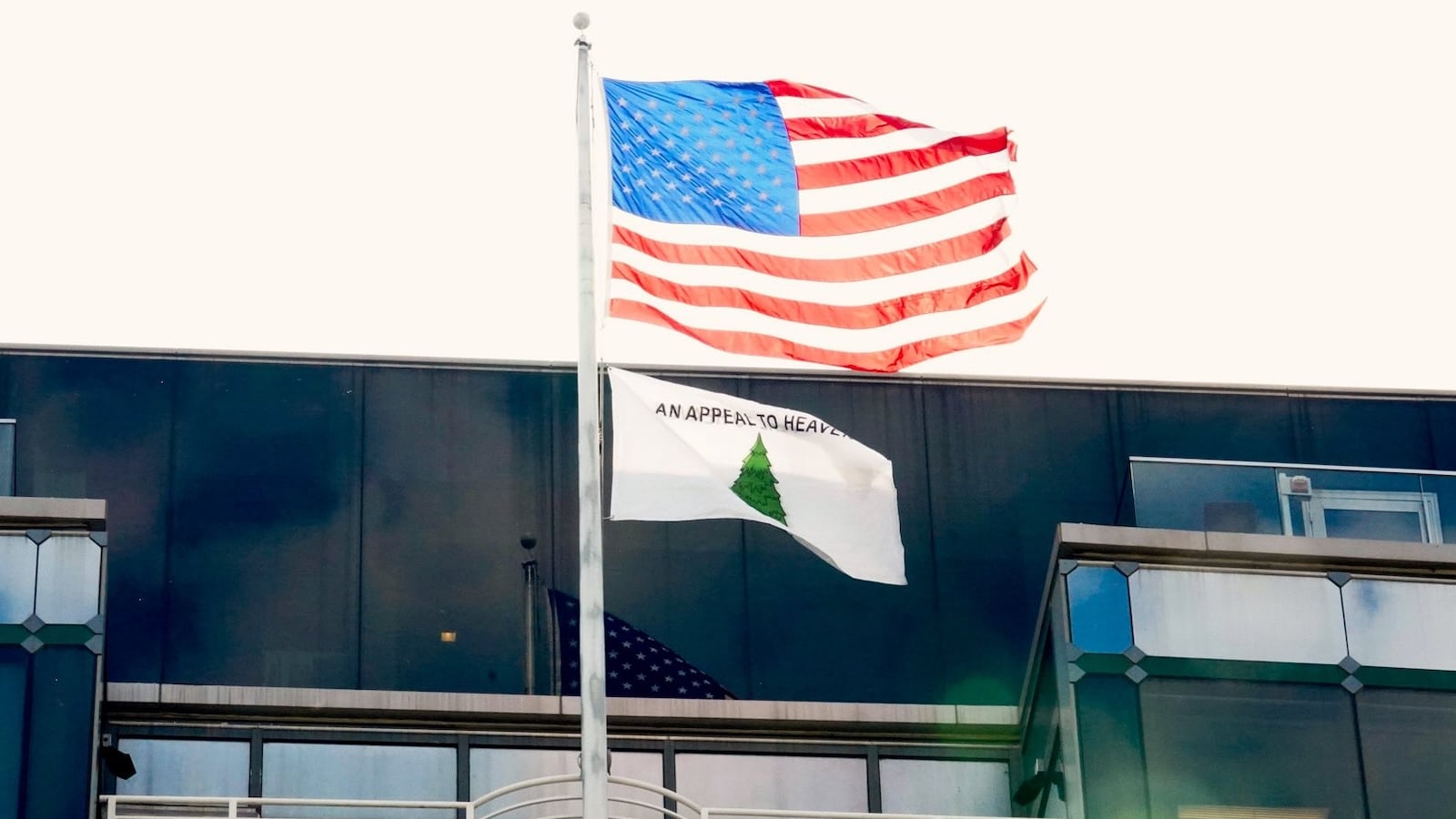 The "An Appeal to Heaven" flag flew below the American flag at the Small Business Association this month.