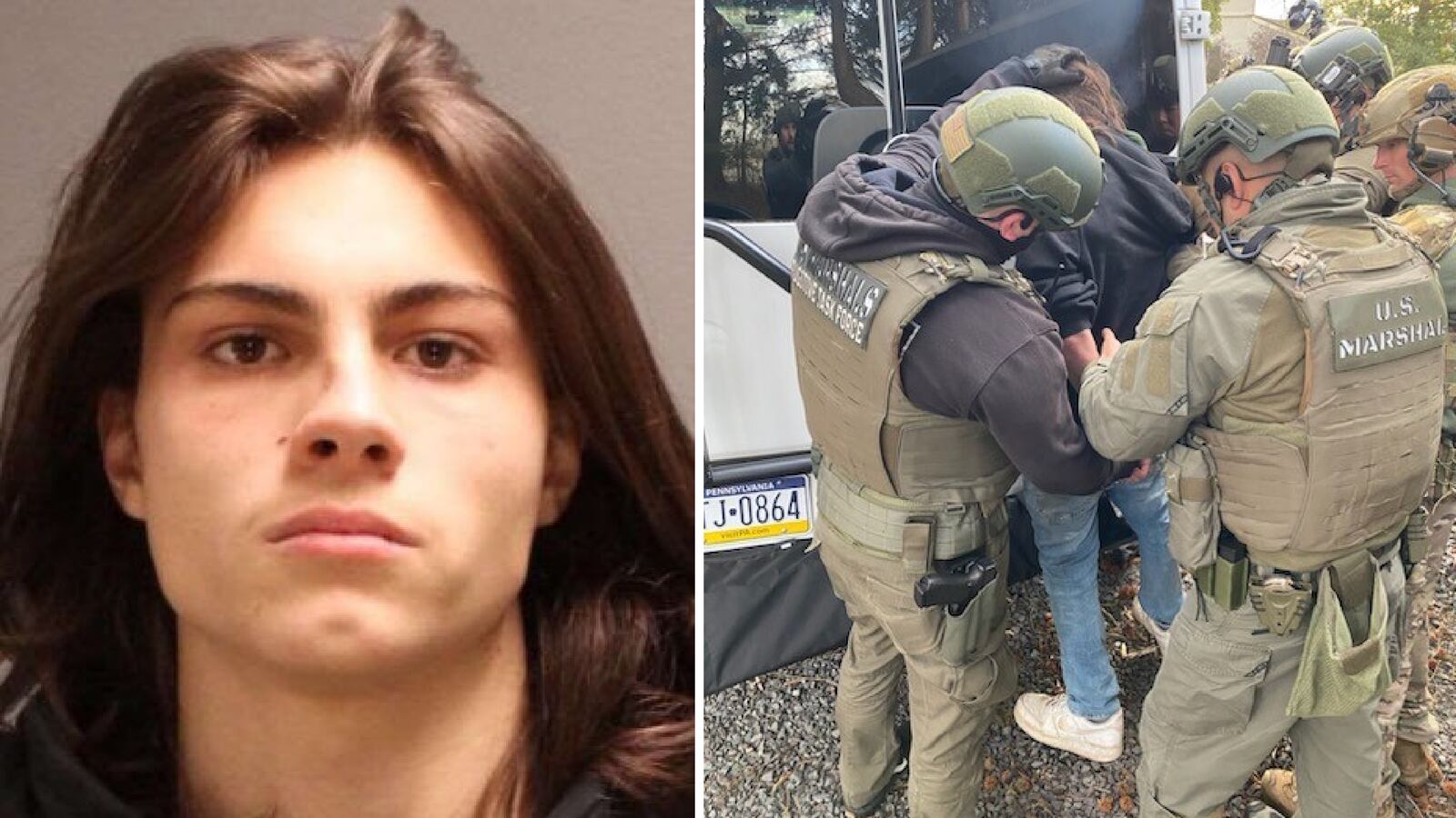 Miles Pfeffer’s mugshot, left, and a photo of his arrest, right