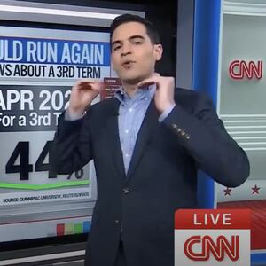 CNN's Harry Enten in front of a screen showing polling on whether Trump should run for a third term. In May 2021, 66 percent of Republicans said he should run for a second term; in April 2025, 44 percent of Republicans said he should run for a third term.