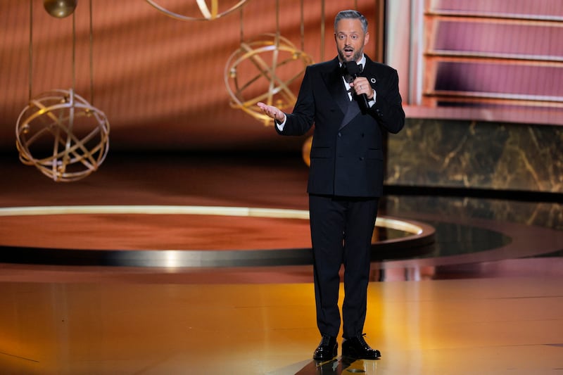 Show host Nate Bargatze speaks on stage at the 77th Primetime Emmy Awards in Los Angeles, California, U.S., September 14, 2025.