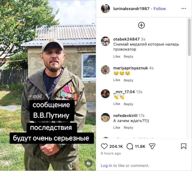Lunin relayed a message from angry military officials to Putin about the war.