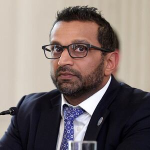 Director of the Federal Bureau of Investigation (FBI) Kash Patel listens as U.S. President Donald Trump delivers an announcement on his Homeland Security Task Force in the State Dining Room of the White House on October 23, 2025 in Washington, DC.