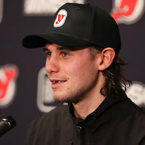 NEWARK, NJ - FEBRUARY 25: Jack Hughes #86 of the New Jersey Devils chats with the media after a game between the Buffalo Sabres and New Jersey Devils at Prudential Center on February 25, 2026 in Newark, New Jersey. (Photo by Andrew Mordzynski/Icon Sportswire via Getty Images)
