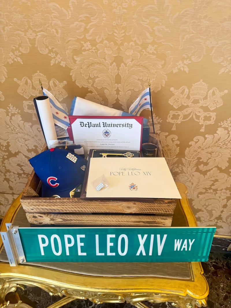 There were more than two dozen items stuffed into a gift chest given to Pope Leo.