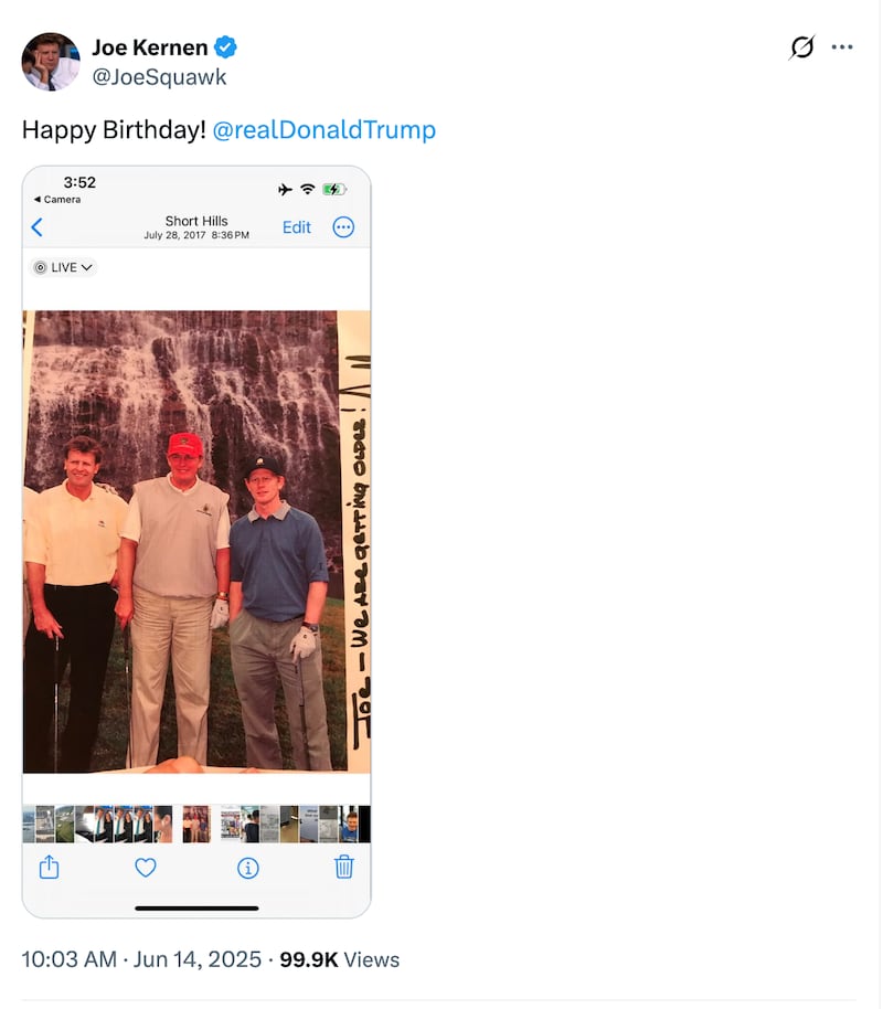 Joe Kernen shares a photo of himself golfing with Donald Trump on June 14, 2025, Trump's birthday.