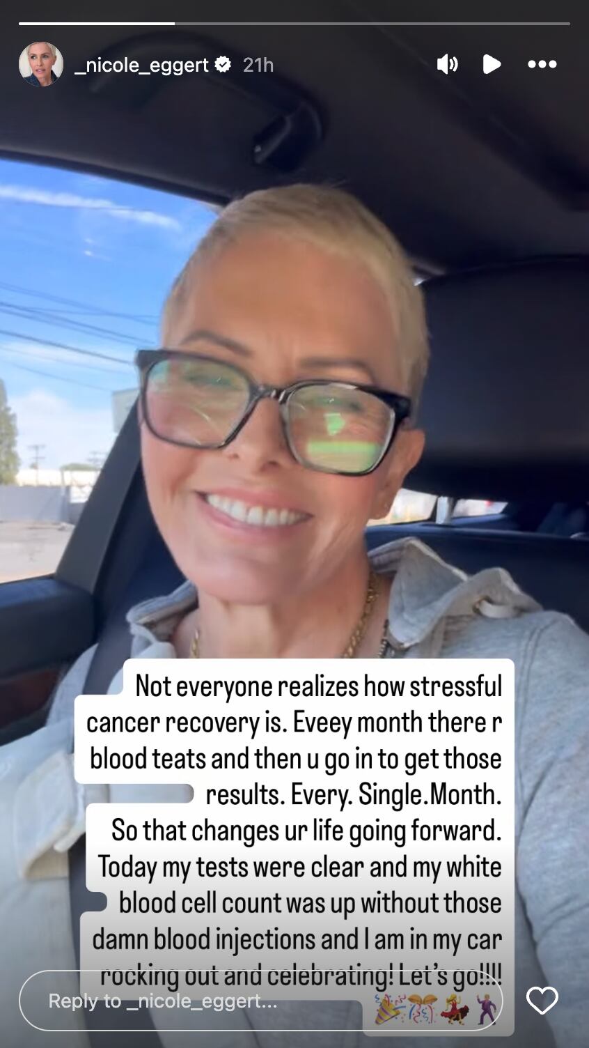 Nicole Eggert shared some happy news regarding his cancer journey to her Instagram story on December 2, 2025.