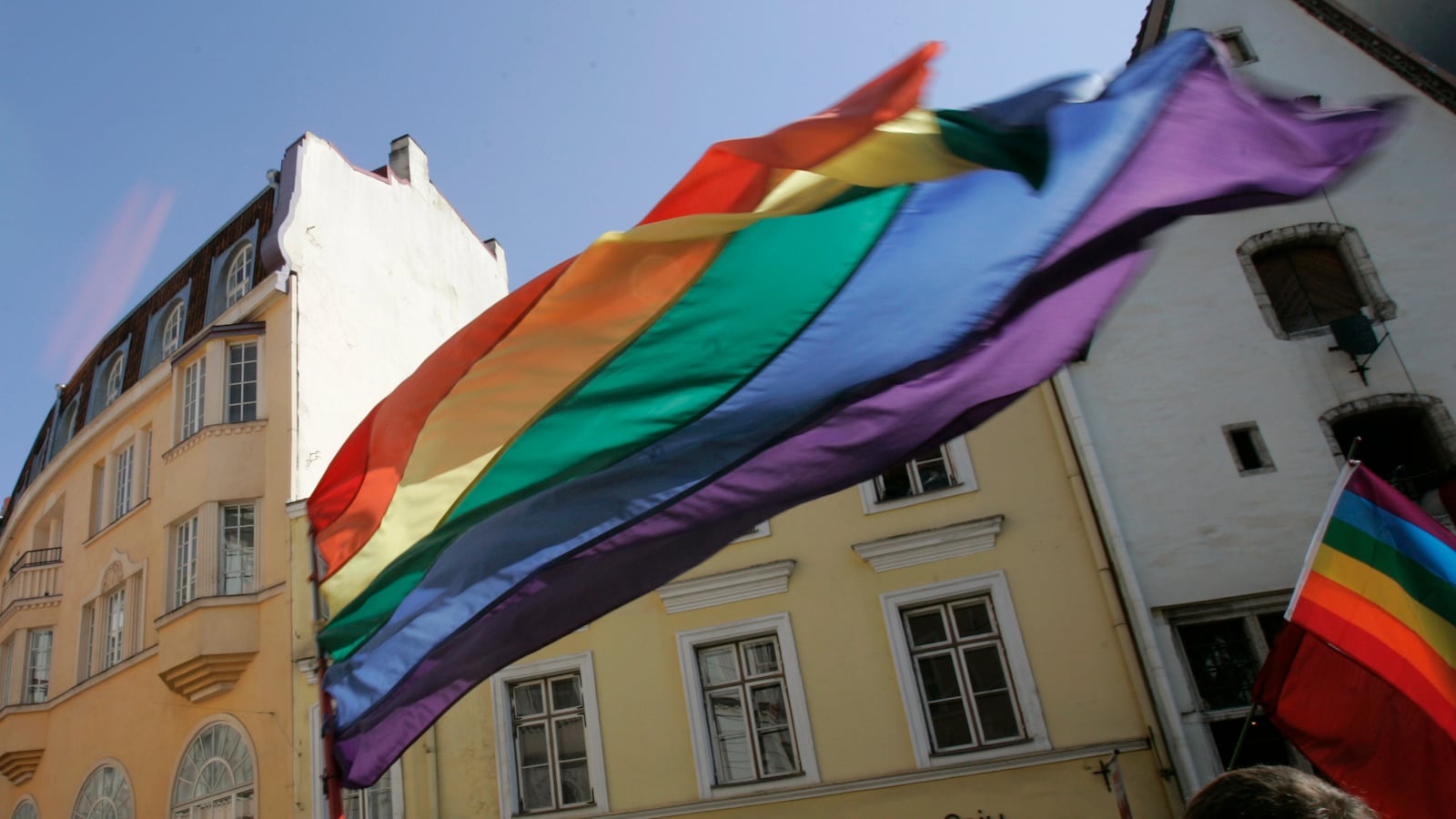 A reveler waves a rainbow-colored flag during the Tallinn Pride 2007 festival procession in Tallinn, Aug. 11, 2007.