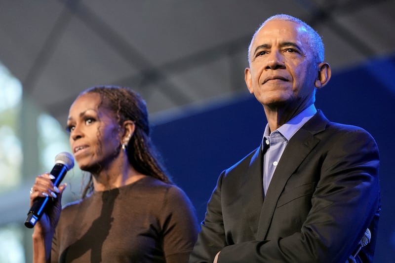 Former U.S. President Barack Obama and former U.S. first lady Michelle Obama deliver remarks at a stakeholders' event at the Obama Presidential Center in Chicago, Illinois, U.S., June 16, 2026. Pablo Martinez Monsivais/Pool via REUTERS