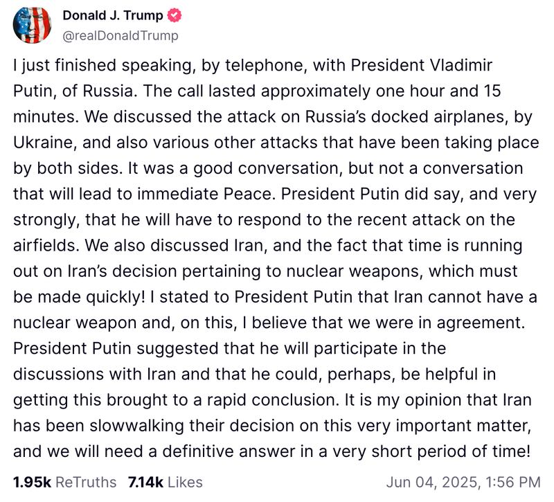 Trump shares on Truth Social what he and Putin talked about on Wednesday.
