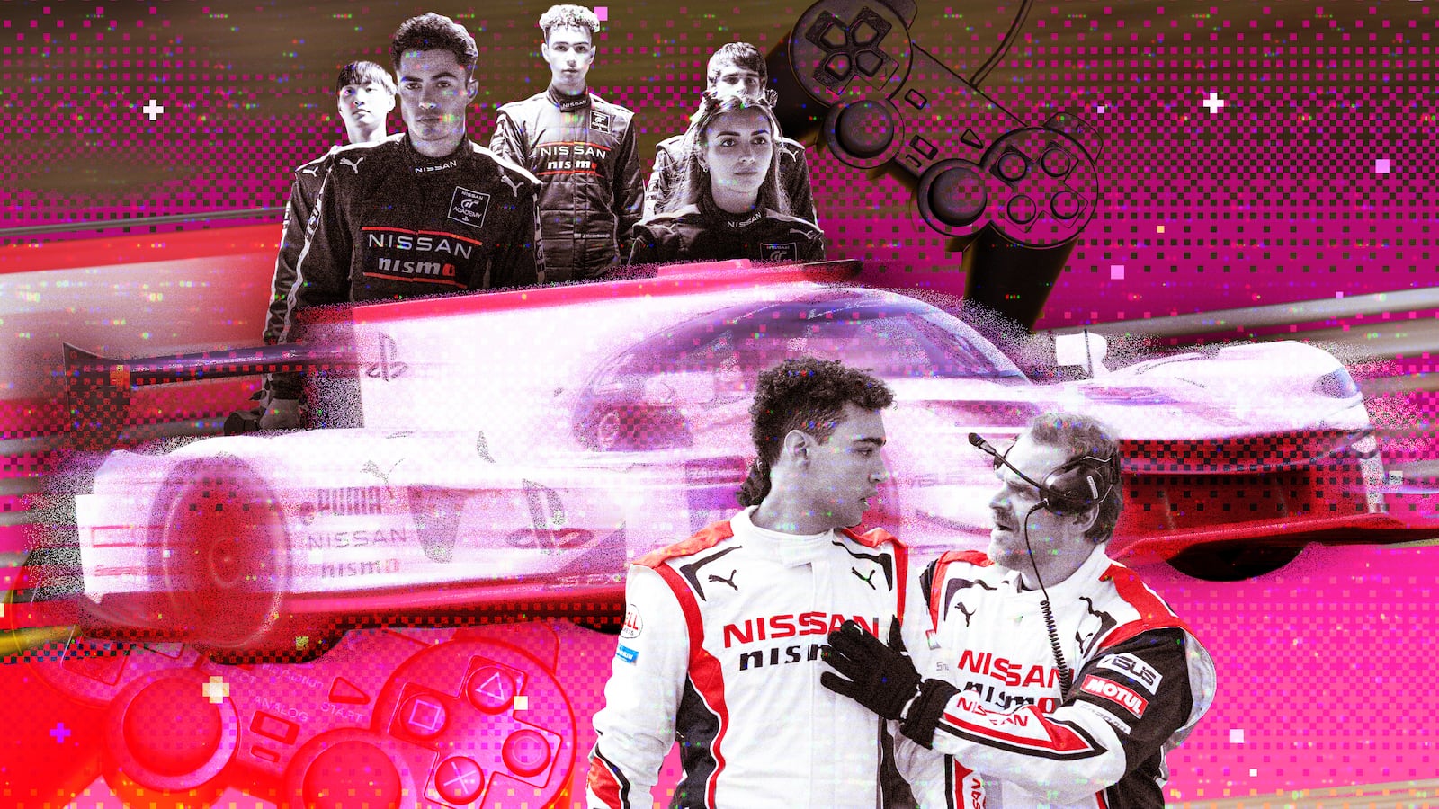 A photo illustration of the cast of Neill Blomkamp’s new movie Gran Turismo.