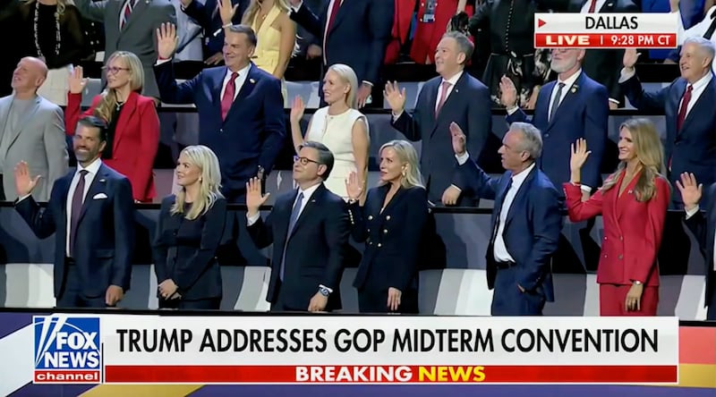 Donald Trump Jr., Speaker Mike Johnson, and Health Secretary Robert F. Kennedy Jr. were among those taking Trump’s pledge—former White House Press Secretary Karoline Leavitt did not raise her right hand but laughed along at the president’s oath.