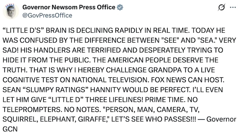 Gov Newsom's Press Office X post about Trump