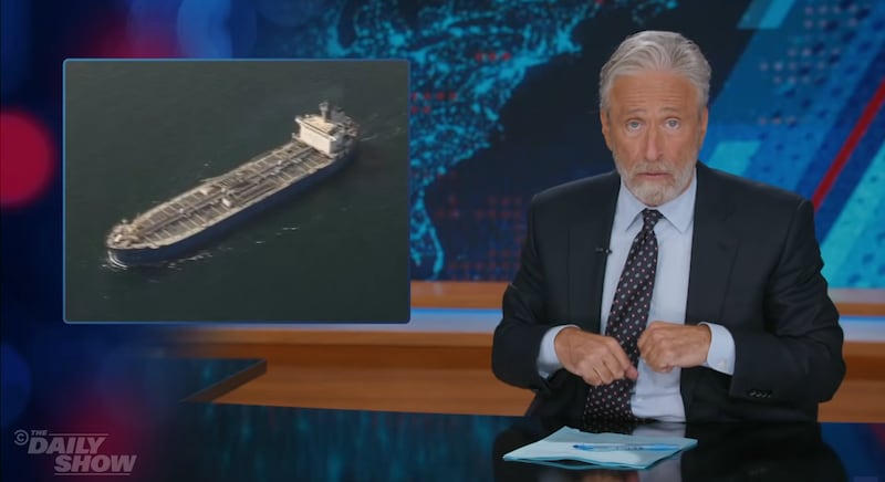The Daily Show, Jon Stewart sarcastically making chicken sounds to hesitant oil tanker crews.