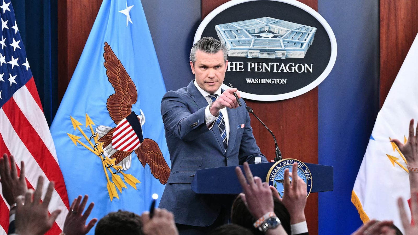Secretary of Defense Pete Hegseth speaks during a news conference at the Pentagon in Washington, DC, on March 19, 2026.