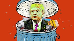 A photo illustration of President Donald Trump in a trashcan.