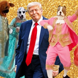 A photo illustration of Donald Trump and furies during a Mar-a-Lago event.