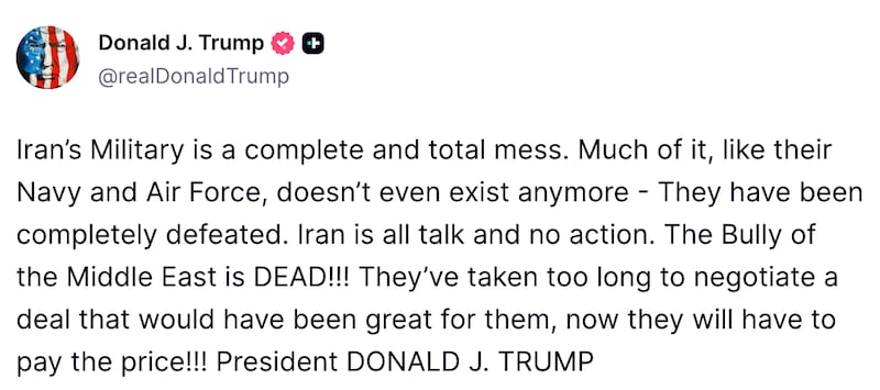 Screengrab of Trump’s Truth Social post.
