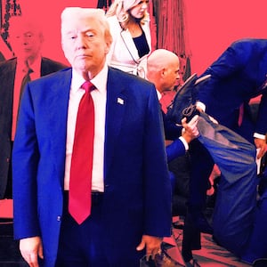 A photo illustration of President Donald Trump stands by as attendees help a guest after he collapsed during during an event on lowering drug prices in the Oval Office at the White House.