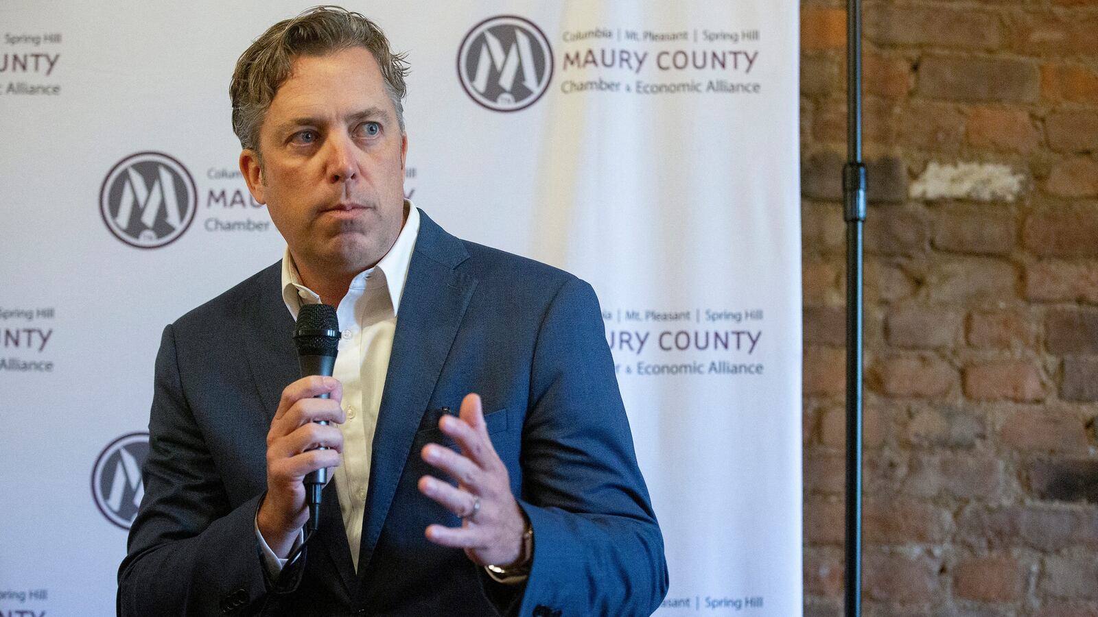 Andy Ogles, a Republican candidate from Tennessee, running for the U.S. House of Representatives in the 2022 U.S. midterm elections, attends a breakfast at Southern Tre in Columbia, Tennessee, Sept. 30, 2021.