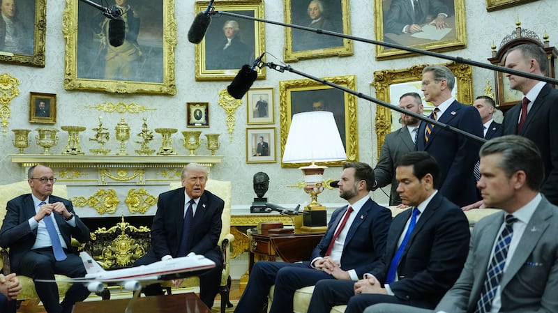 03 March 2026, USA, Washington: US President Donald Trump receives German Chancellor Friedrich Merz (CDU) at the White House. US Secretary of Defense Pete Hegseth (r-l), US Secretary of State Marco Rubio and US Vice President JD Vance are sitting next to him. Topics include the war in Iran, the customs dispute between the EU and the USA, the Russian war of aggression against Ukraine and China policy. Photo: Kay Nietfeld/dpa (Photo by Kay Nietfeld/picture alliance via Getty Images)