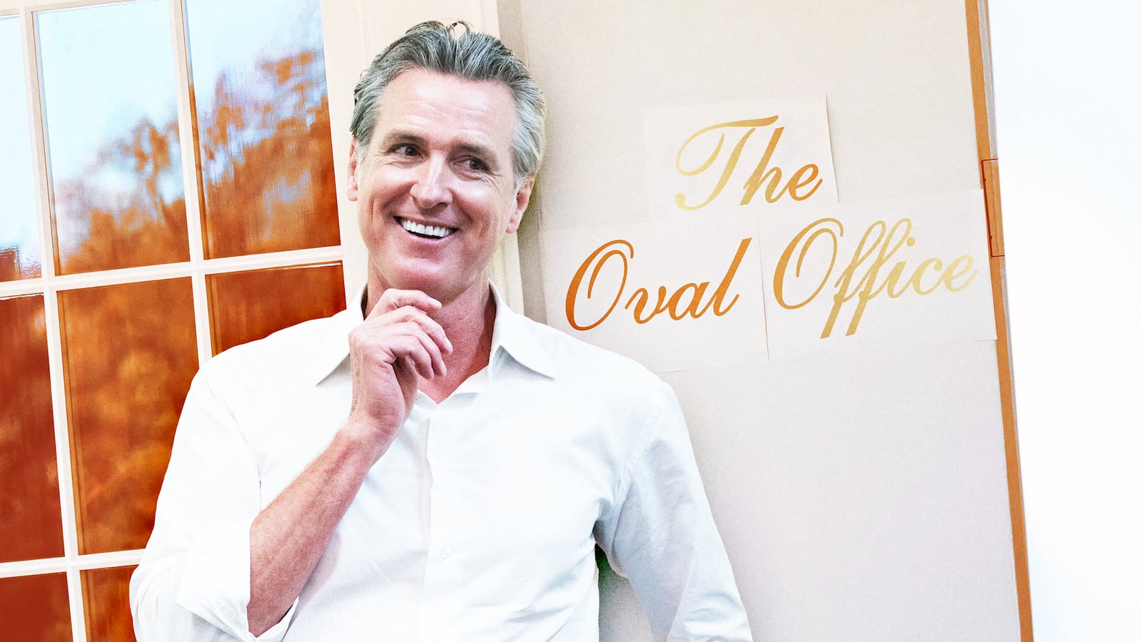 A photo illustration of Gov. Gavin Newsom and the temporary signage reading "The Oval Office" is displayed next to an entrance to the Oval Office at the White House.