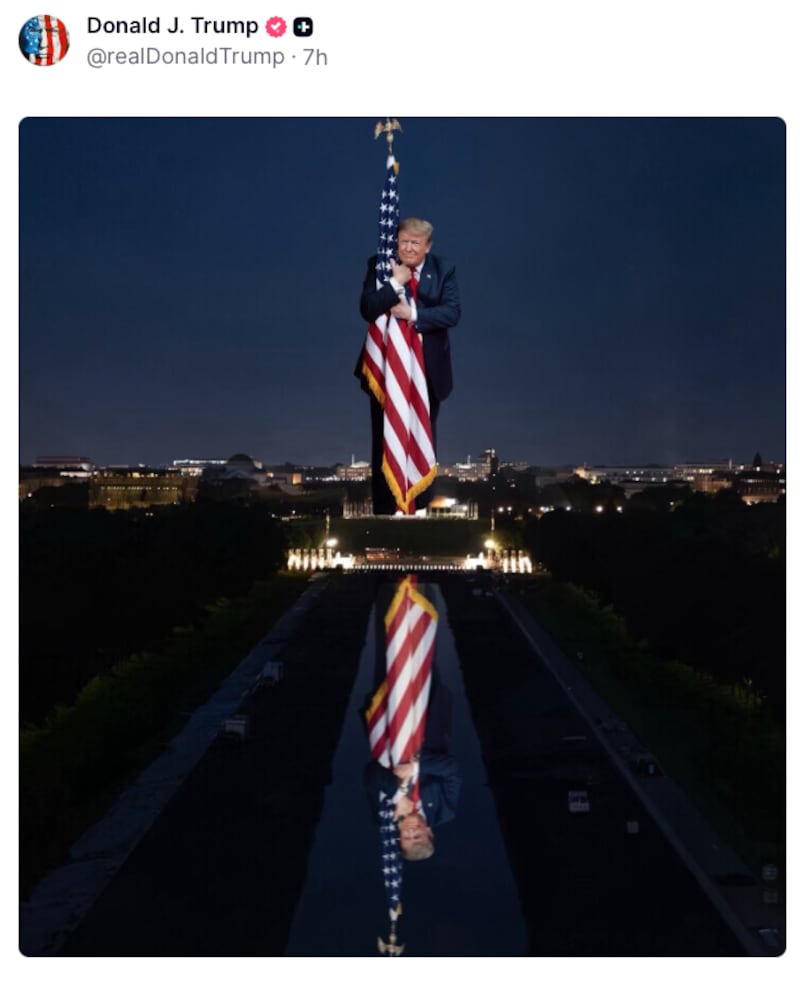 AI image of Trump hugging the American flag in front of the Washington Monument.