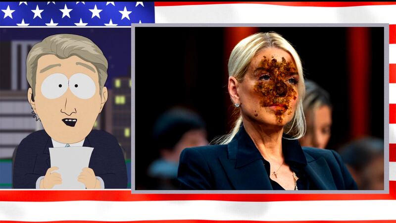 South Park episode showing Pam Bondi with feces on her nose.