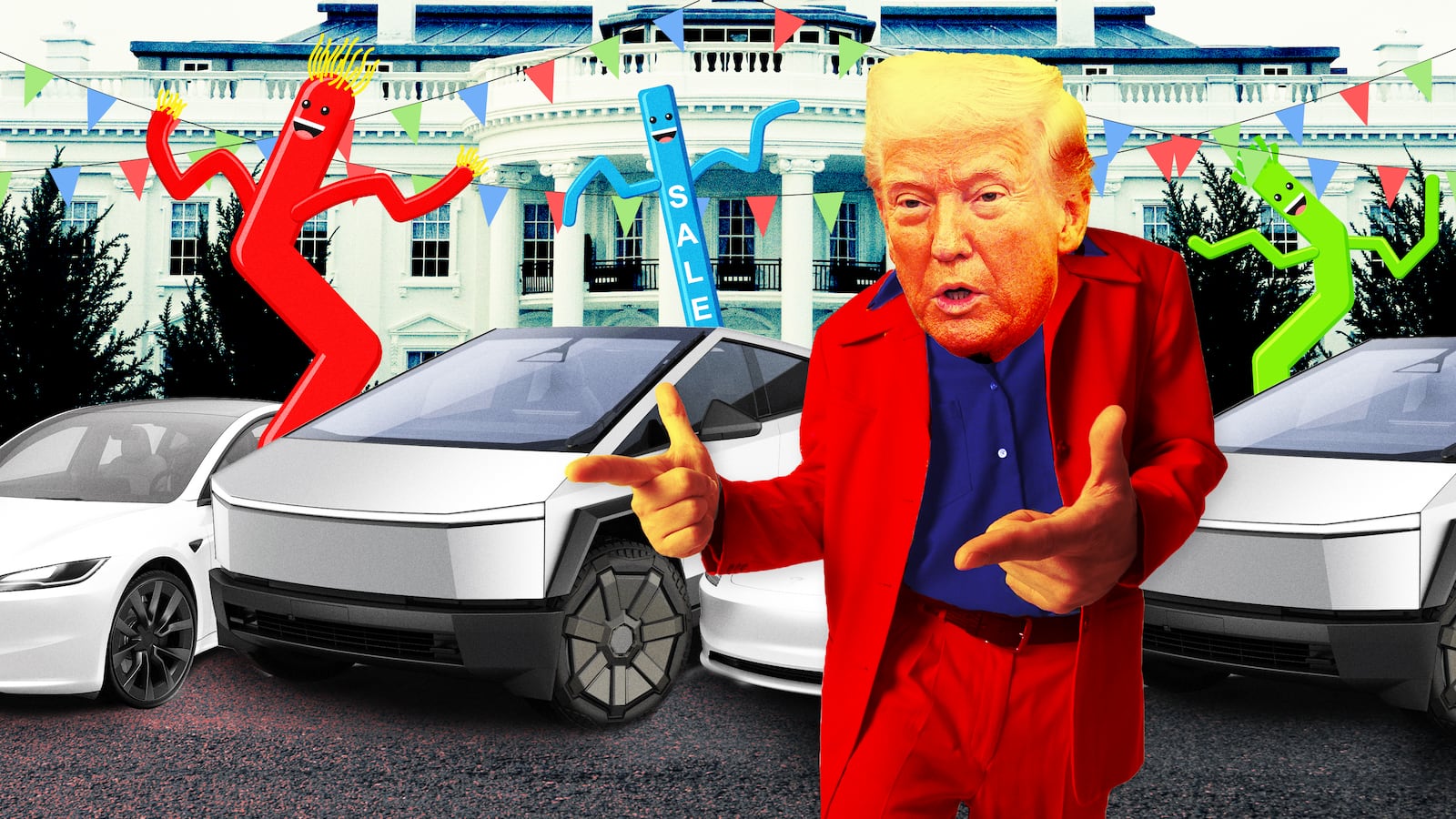 A photo illustration of President Donald Trump looking like a used car salesman in front of the White House with Tesla cars.